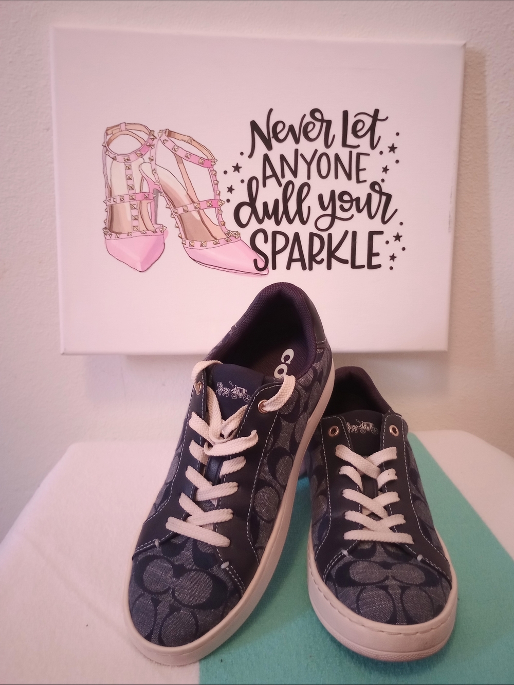 Coach Navy Signature Canvas Low-Top Sneakers with White Laces